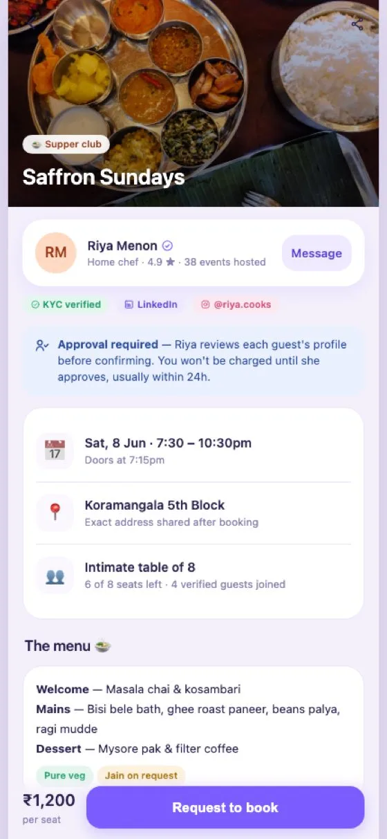 A Kizuna event page — verified host, the menu, seats left, and request to book.