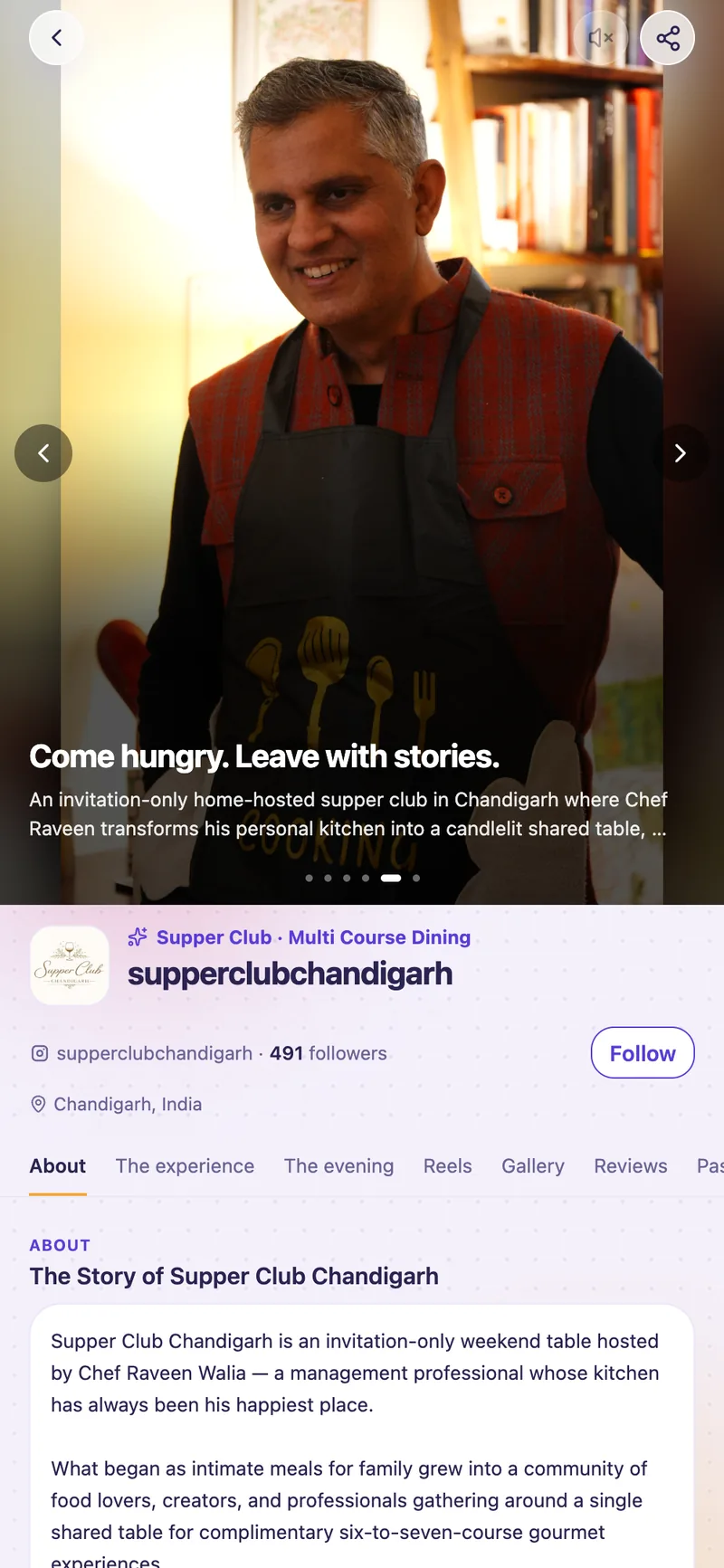 Supper Club Chandigarh's generated Kizuna page — the hero and identity.