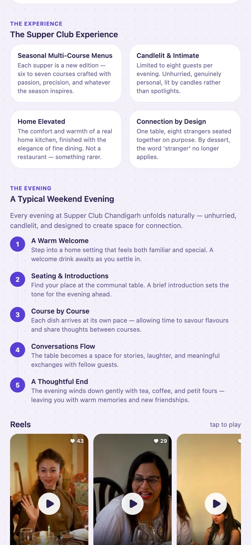 Supper Club Chandigarh's page — the six-course Experience and the weekend-evening timeline.