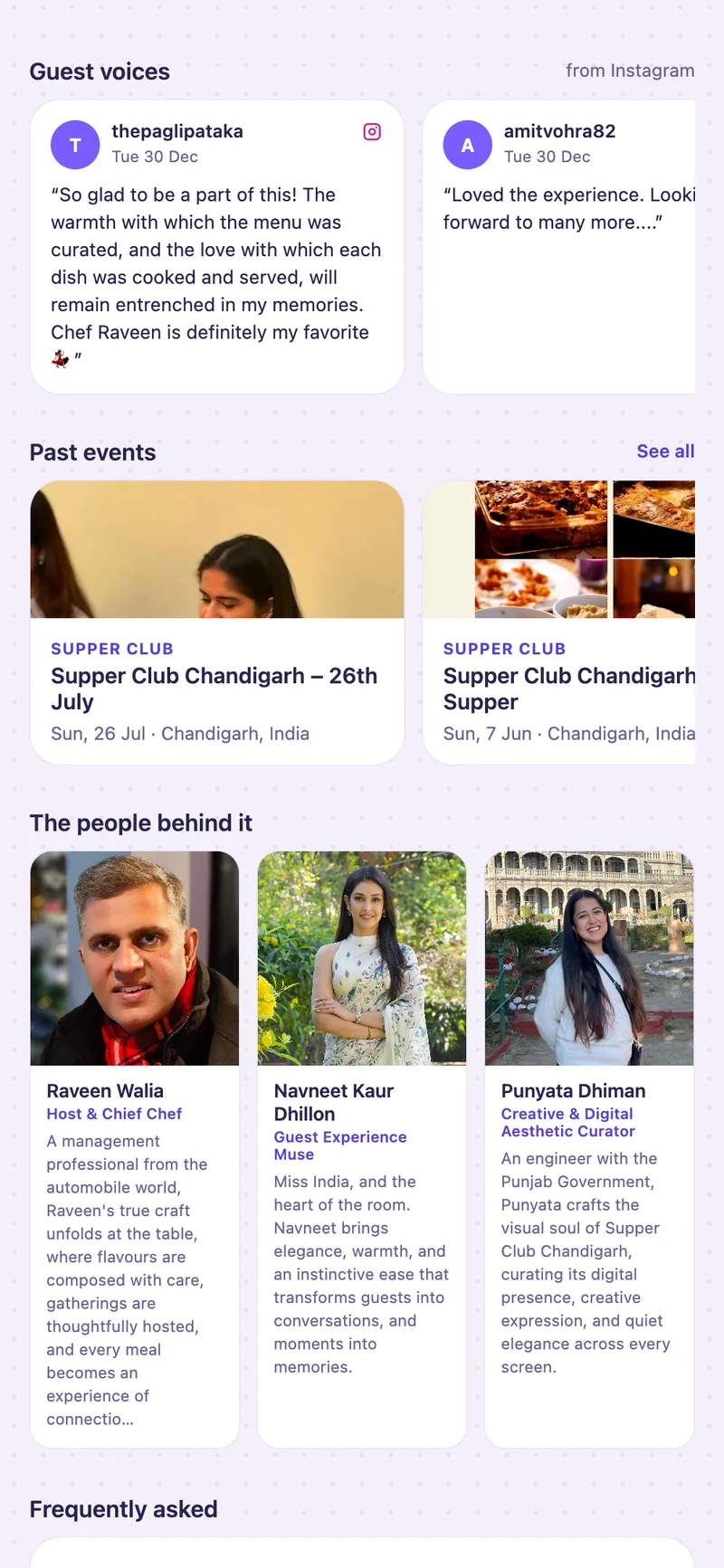 Supper Club Chandigarh's page — real guest voices, past suppers, and the hosts behind it.