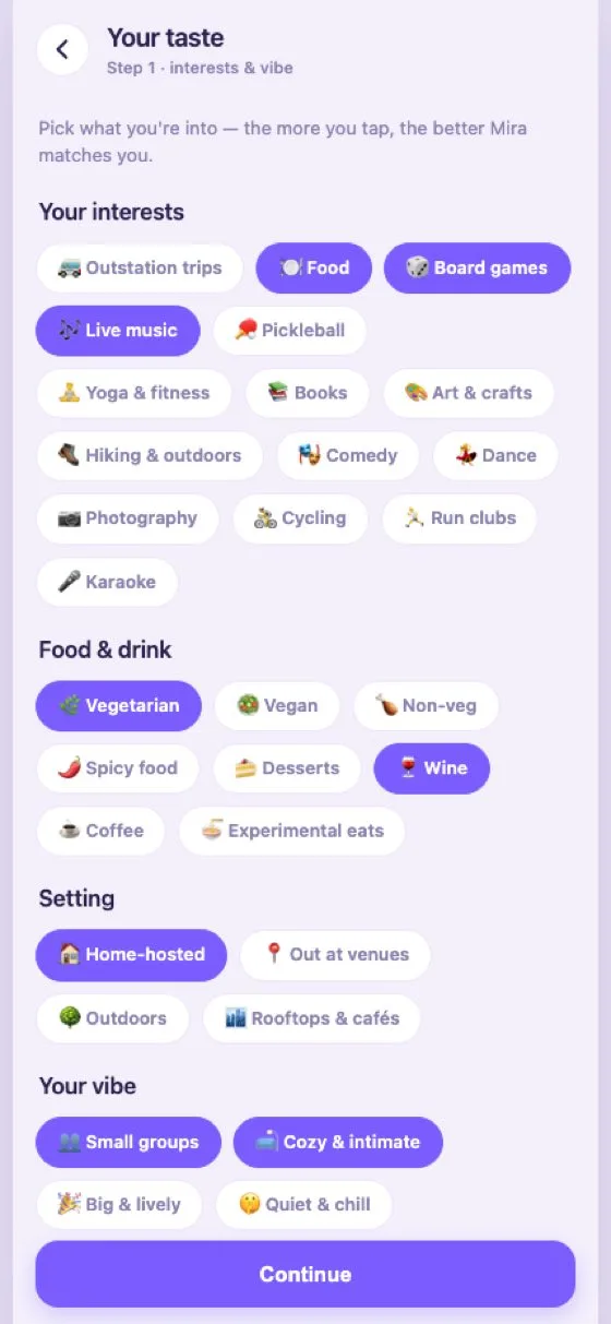 Kizuna onboarding — picking your interests and the vibe you bring.
